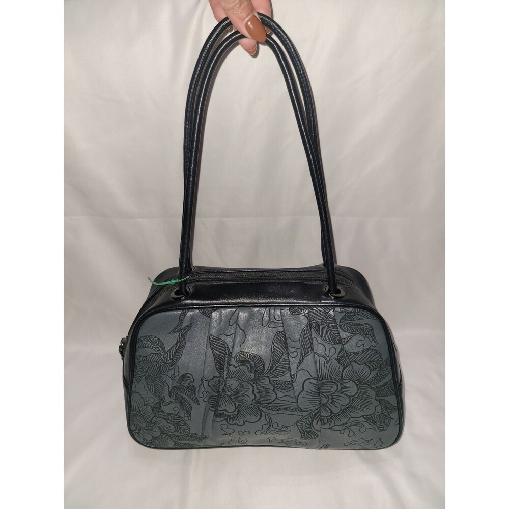 Vintage INGE Black Leather Floral Shoulder Double Handles Purse Bag